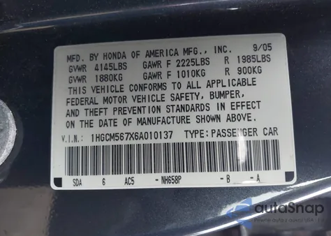 2006 Honda Accord Sdn 2.4 Ex/Ex из США, поврежденный, VIN 1HGCM567X6A010137